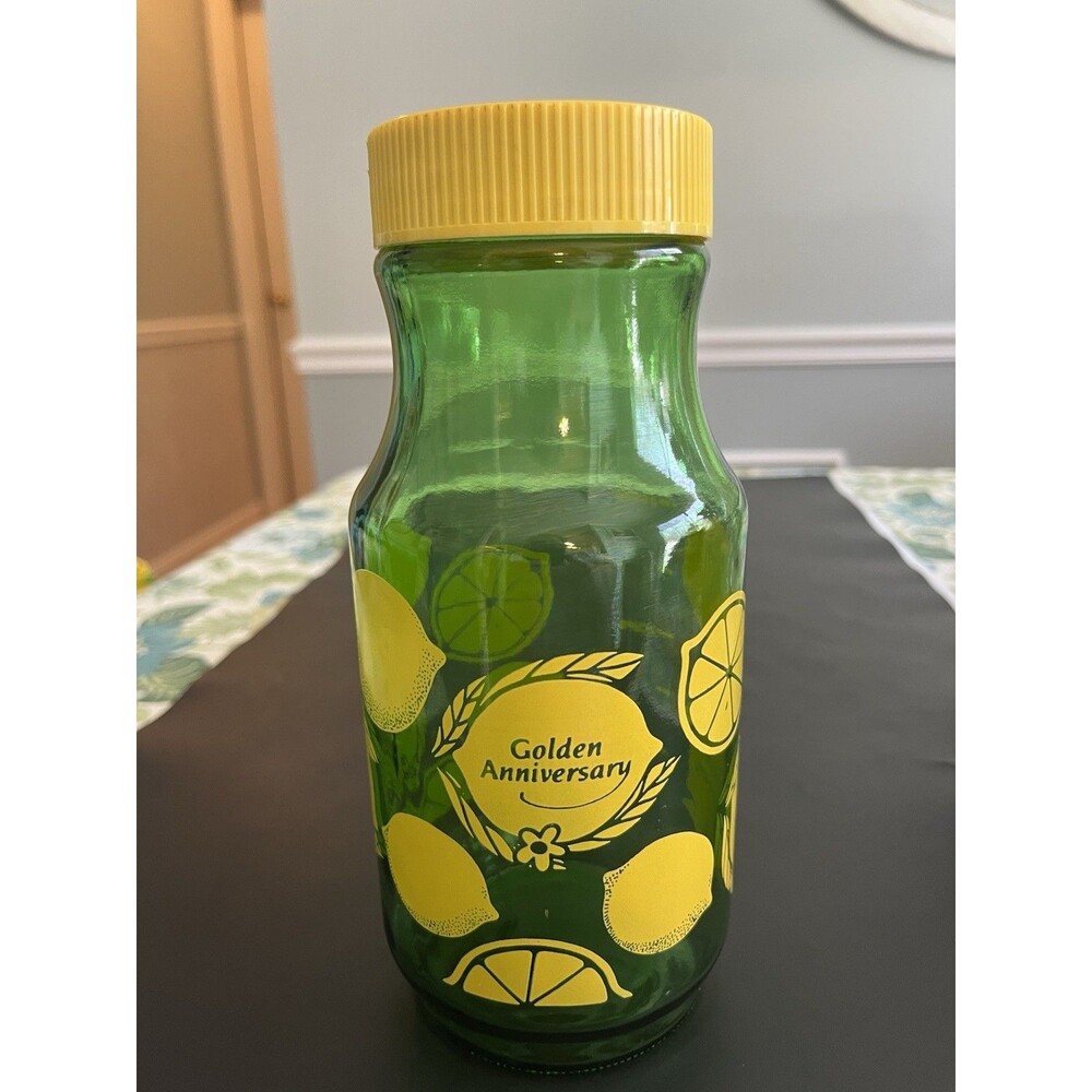 Vintage Anchor Hocking Green Yellow Lemonade Lemon Juice Jar Pitcher Measuring